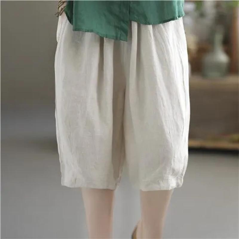 Cotton Short Pants Women's Summer Versatile Wide-legged Pants Comfortable Cotton Linen Pants Elastic Waist Chinese Pants