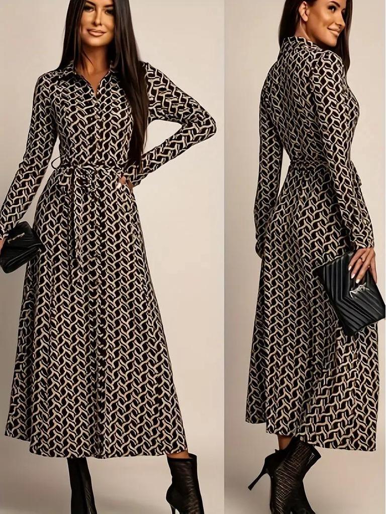 2026 Elegant European & American Style Long-Sleeve Cinched Waist Print Dress for Women - Spring & Autumn Fashion