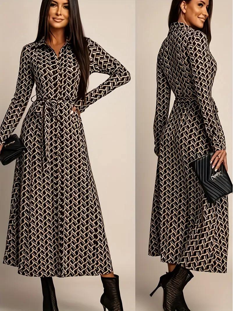 

2026 Elegant European & American Style Long-Sleeve Cinched Waist Print Dress for Women - Spring & Autumn Fashion Small цветочный