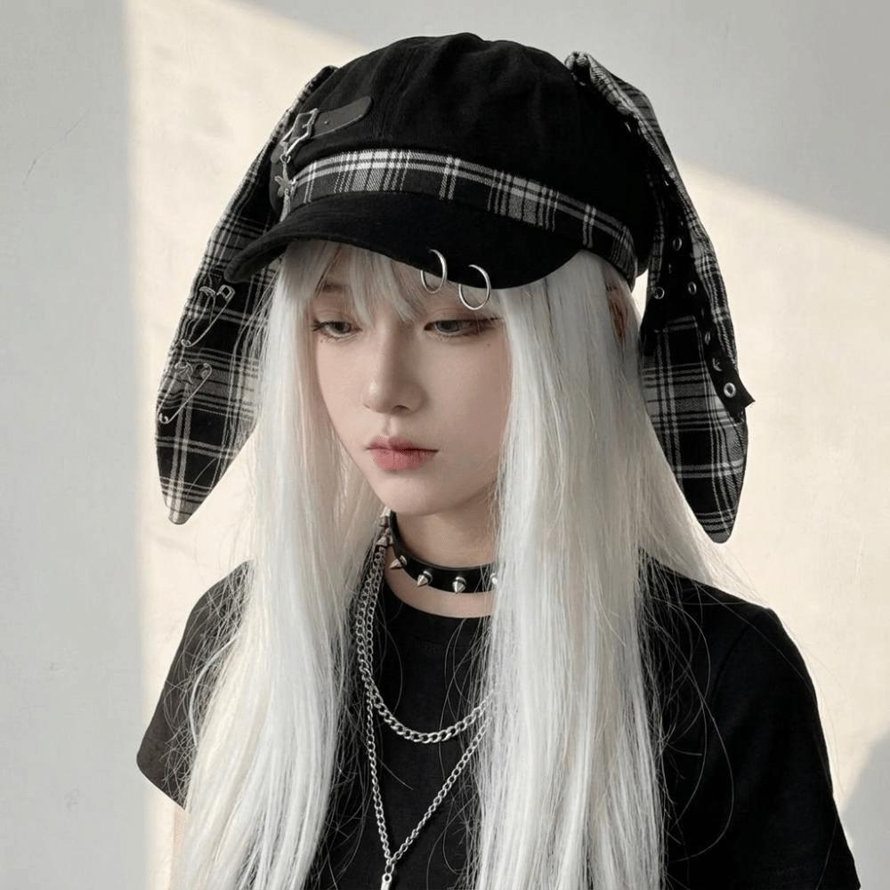 Berretto a Cloche a Quadri con Orecchie da Coniglio Casual Irregolare Y2K Cappello da Pittore Artista Bordo Sottile Cappello Ottagonale Punk da Viaggio