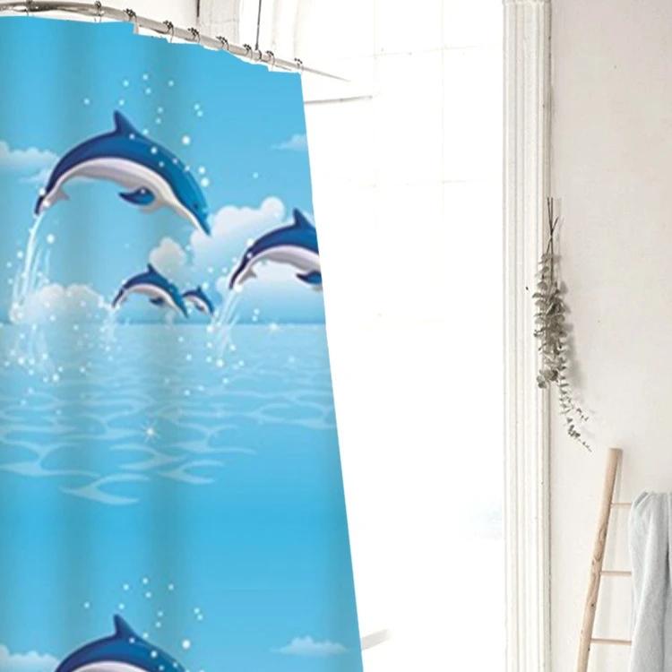 Shower Curtains Cartoon Dolphin Print Waterproof Bathroom Curtain Quick Dry Blue Children Curtain for Toilet with Hooks 111cm