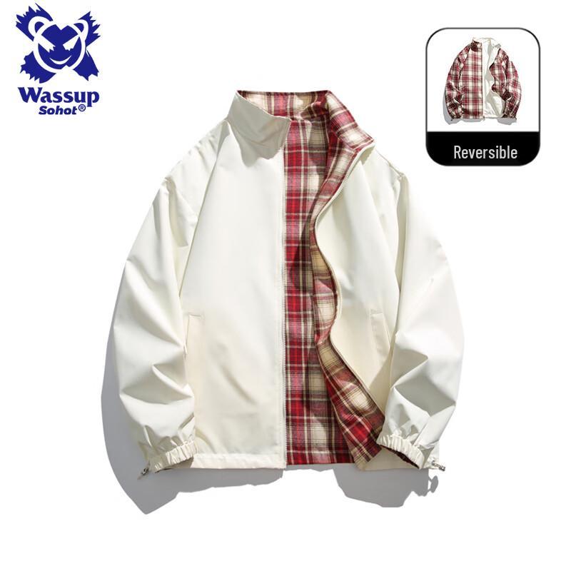 Wassup Sohot Men's Plaid Stand Collar Baseball Jacket