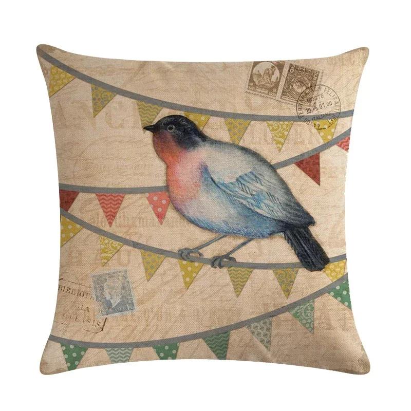 Lovely Flower And Bird Cushion Cover Retro Print Linen Pillowcase Decoration Living Room Bedroom Sofa Car 45*45Cm