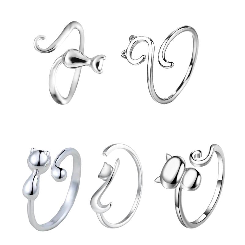 Adjustable Open Rings for Women Lovely Cat Long Tail Finger Rings Knitting Crocheting Joint Rings Jewelry Accessories