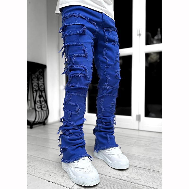 Men's Fashion Patch Jeans Slim Stretch Micro Lapped Straight Trousers