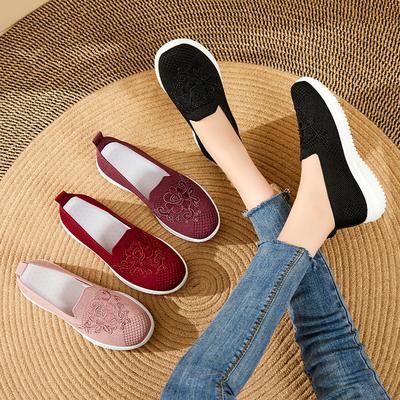 Summer Soft Embroidery Women's Flat Shoes Knitted Breathable Shoes Women's Chinese Flower Casual Shoes 2024 New Shoes for Women
