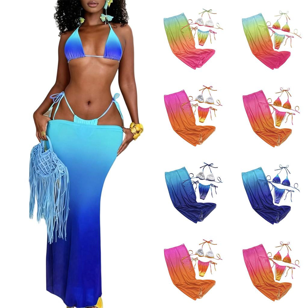 Women’s Fashion Three Piece Bikini Set with Top Adjustable Tie Bottoms and Matching Cover Up Skirt for Beachwear