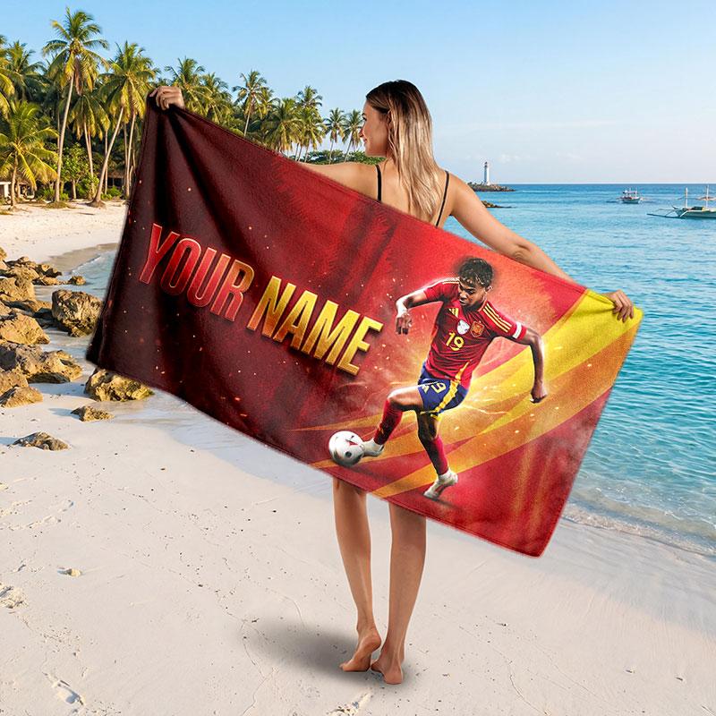 Asciugamano da Spiaggia Personalizzato Lamine Yamal, Stampa Testo Nome Personalizzato, Asciugamano Morbido ad Asciugatura Rapida con Logo Calcio, Regalo per le Vacanze