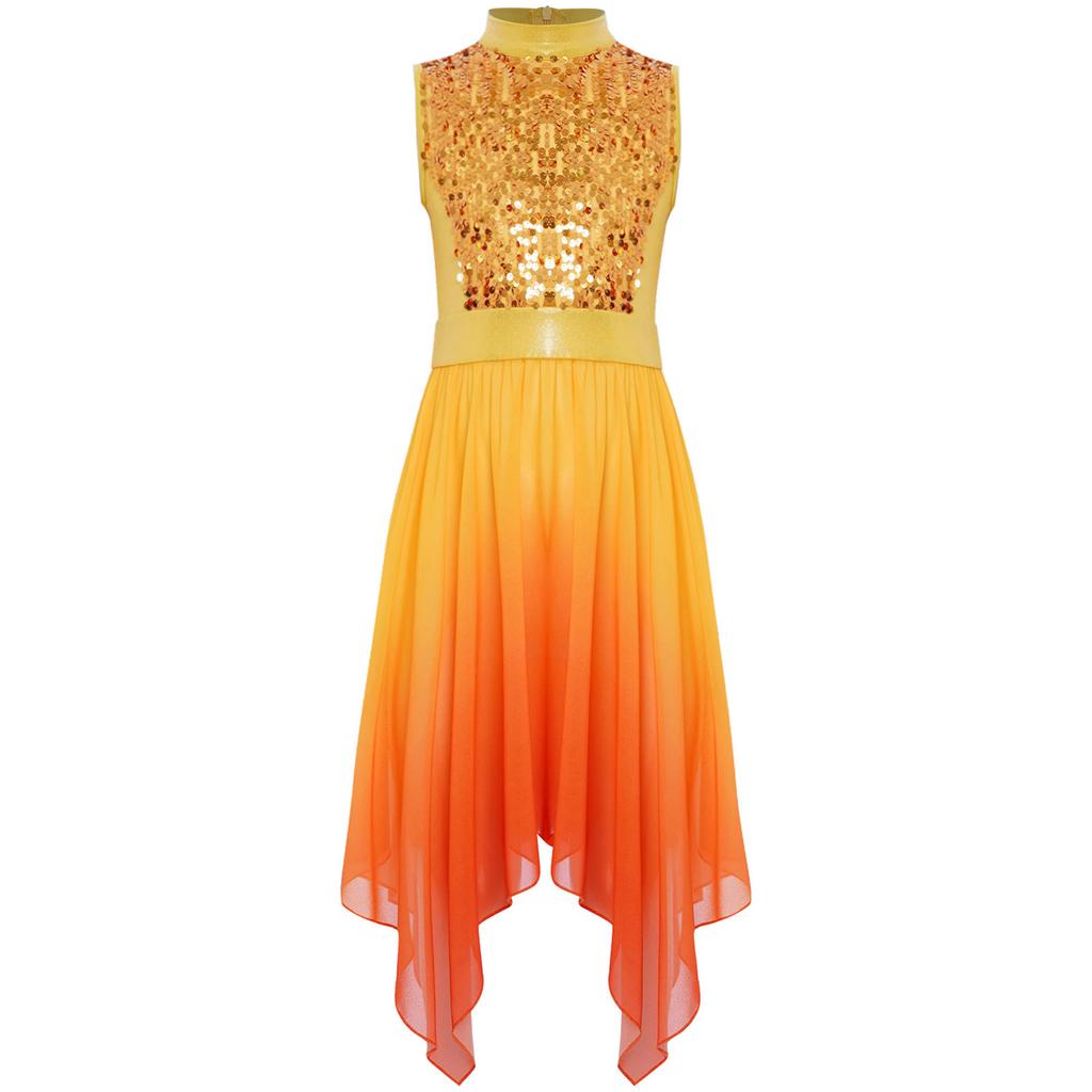 Girls Liturgical Dance Dress Mock Neck Sleeveless Design Asymmetrical Hem Shiny Sequins Bodice Costume