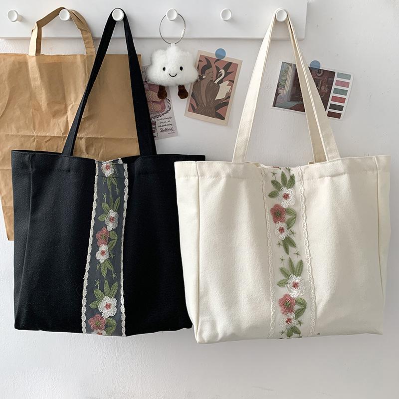 Embroidery Canvas Bag Women Shoulder Simple Travel Yoga Large Capacity Bag