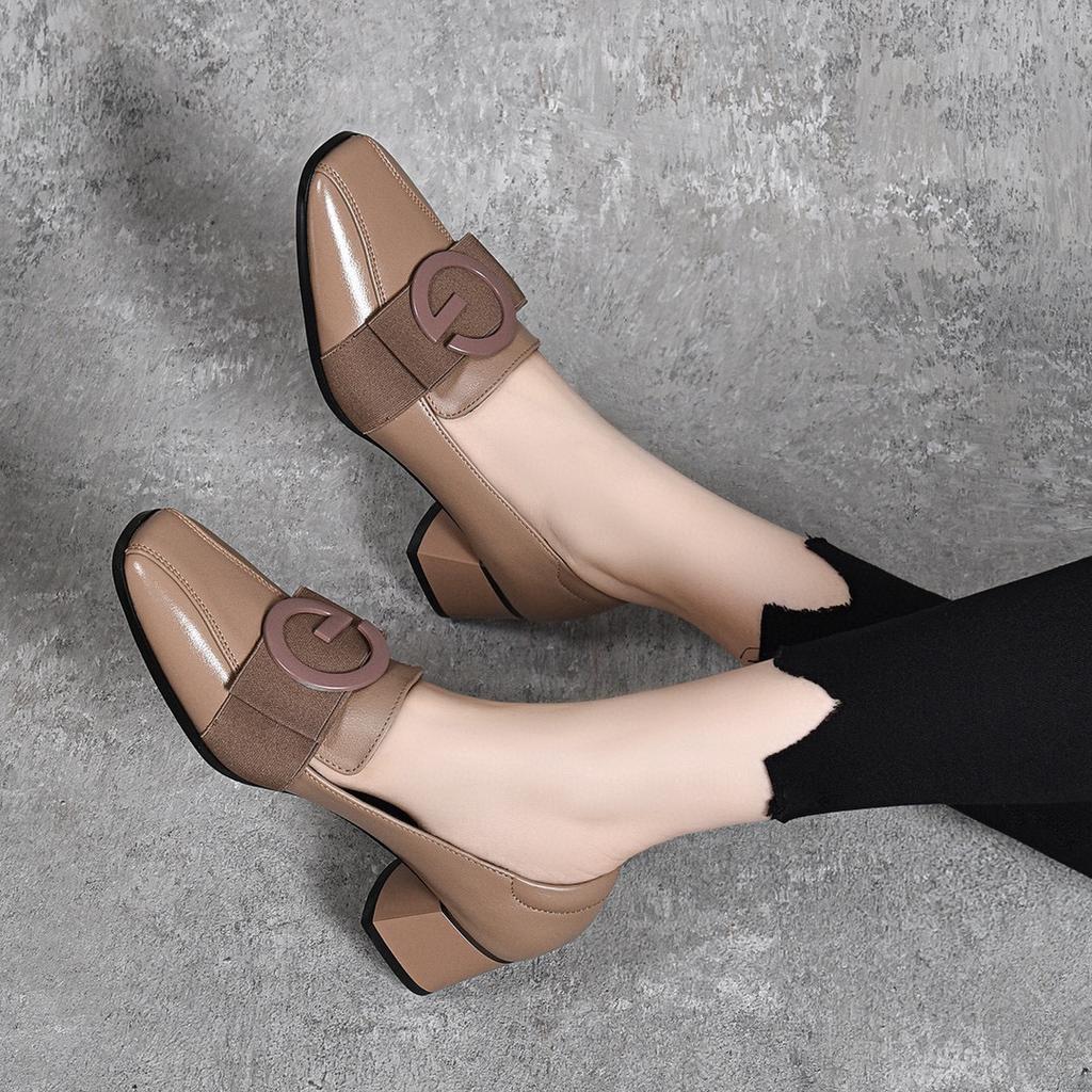 Spring New High Heels Square Head Thick Heel Middle Heel Work Shoes Square Buckle First Layer Cowhide Four Seasons Professional Single Shoes