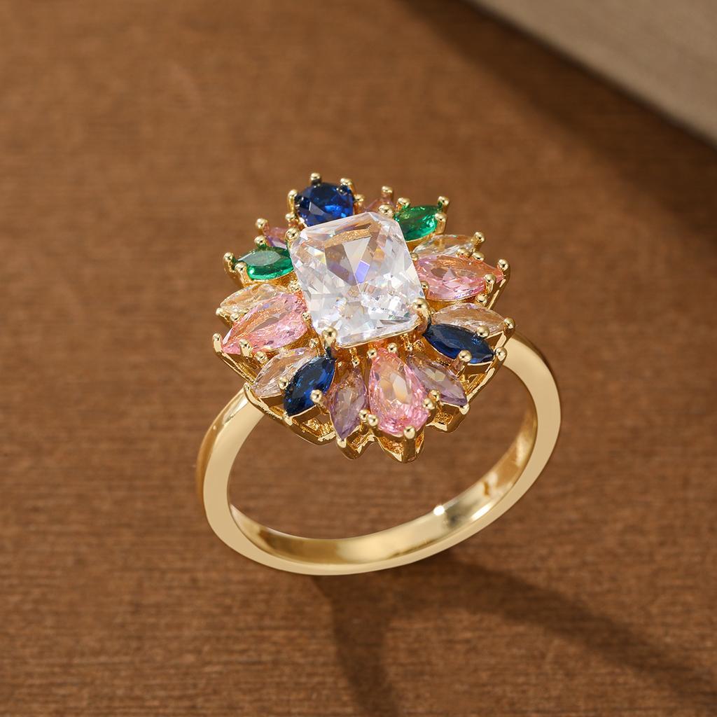 Light Luxury Colorful Floral Copper Ring Inlaid with Multi-colored Artificial Gems for Women, Suitable for Dating and Party Wear