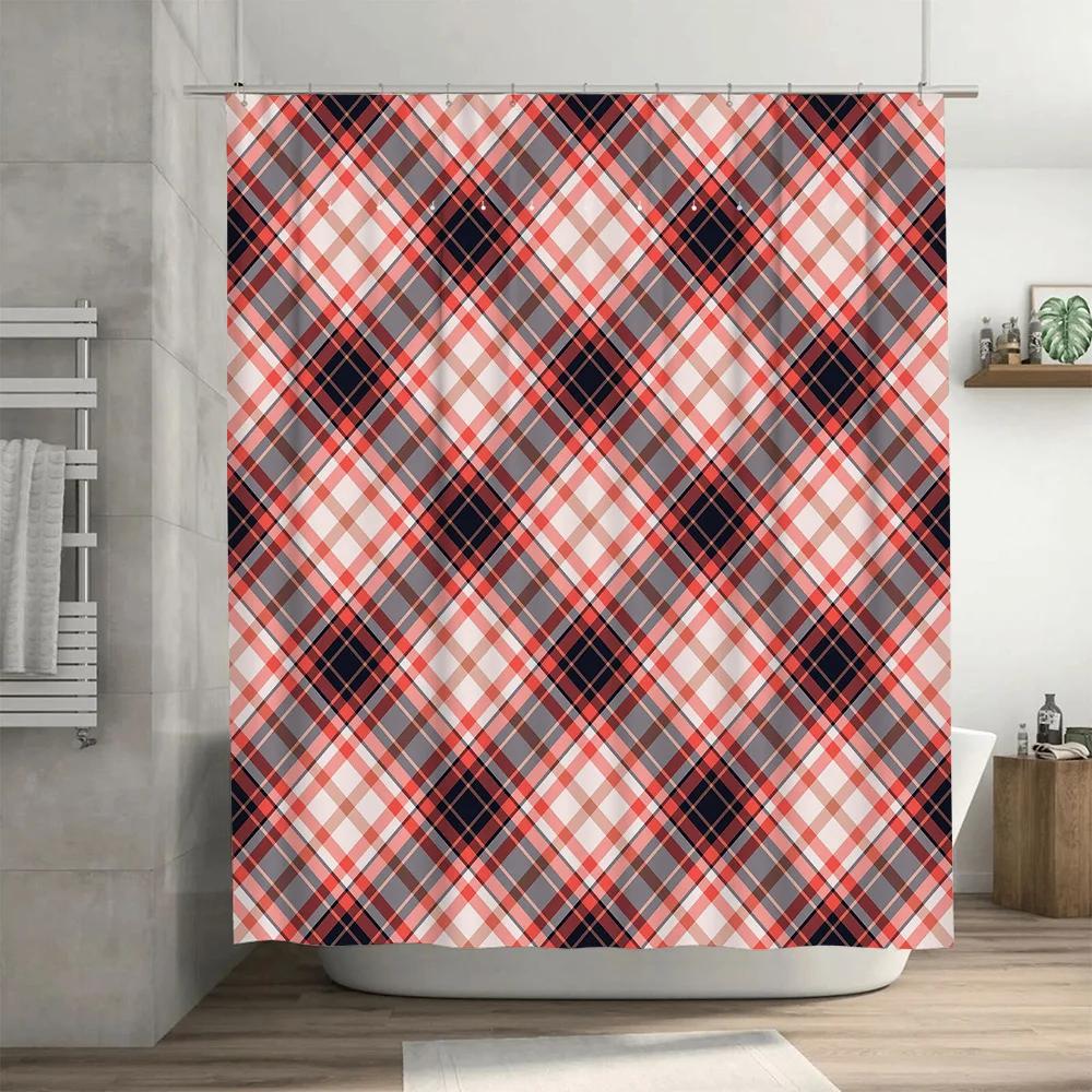 Red White Plaid Shower Curtain Waterproof Fabric Bathroom Decor Printed Customizable Home Decoration (Size72x84)