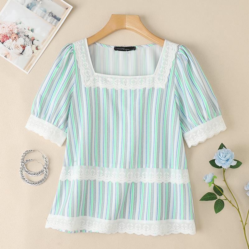 

ZANZEA Женская повседневная блузка с кружевной вставкой, квадратным вырезом, коротким рукавом, в полоску, для лета 5XL синий