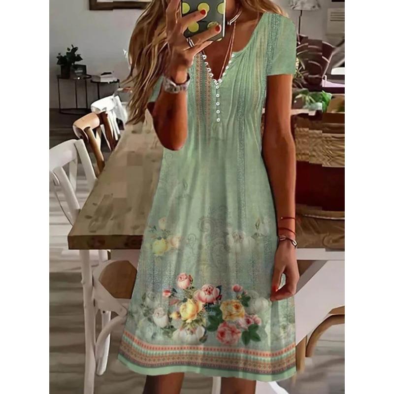 QICED Fashion Summer Spring  Short Sleeve V-Neck Casual Dresses