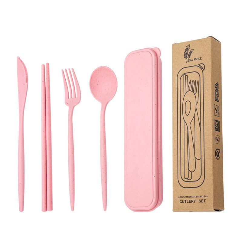 Eco-Friendly Wheat Straw Cutlery Set: Knife, Fork, Spoon & Chopsticks - Portable 4-Piece Tableware for Students & Professionals, Ideal Gift