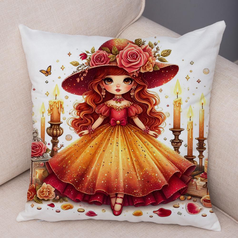 Rose Candle Witch Girl Cushion Cover Decor Cute Cartoon Children Pillowcase for Sofa Home Car Soft Plush Pillow Case xcm