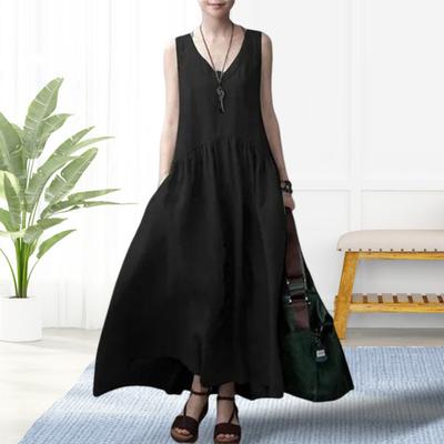 Women's Summer Cotton Linen Maxi Dress Casual V Neck Sleeveless Tank Dress Flowy Beach Pleated Sundress