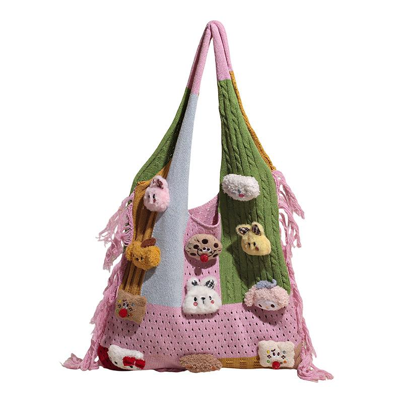 Милая мультяшная контрастная плетеная женская сумка под мышку осенняя новая женская плечевая сумка-тоут сумка для покупок розовый