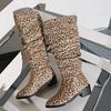 Fashion Autumn/winter New Pointed Pleated Pu Knight Boots for Women Shoe Retro Square Heeled Knee High Western Cowboy Boot Leopard Print