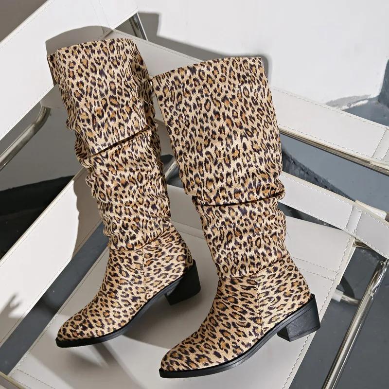 Fashion Autumn/winter New Pointed Pleated Pu Knight Boots for Women Shoe Retro Square Heeled Knee High Western Cowboy Boot Leopard Print