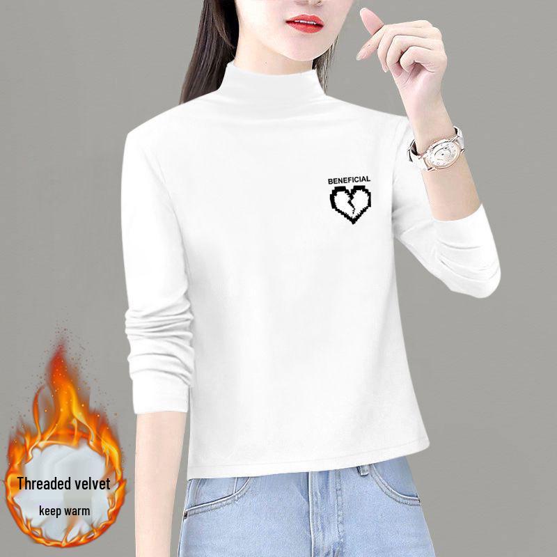 2025 Women's Thickened Double-Sided Velvet Long-Sleeve Semi-High Neck Slim-Fit Top for Autumn/Winter