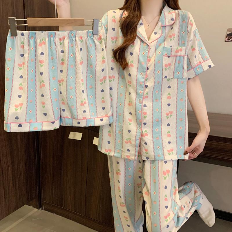 Women's Cloud Cotton Three-Piece Pajama Set - Spring/Summer Short-Sleeve Lapel Cardigan, Sweet Forest Girl Homewear Style