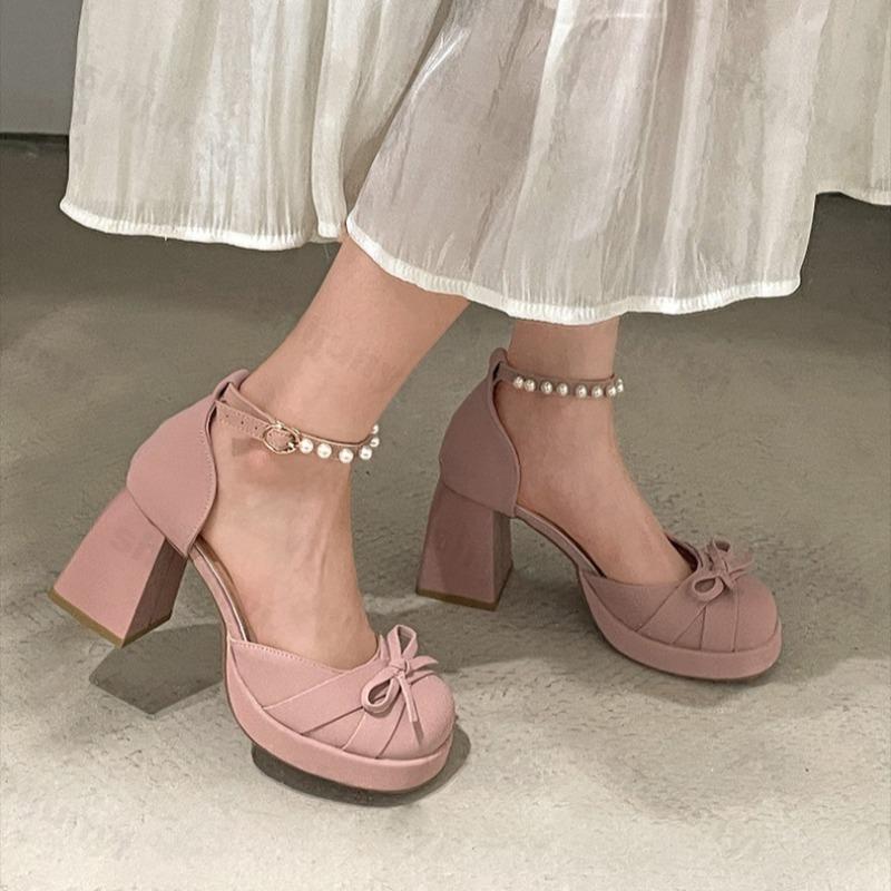 Fashion Summer Women's Sandals 2025 New Thick Heel Mary Jane Shoes Fashion Pearl Butterfly-knot Ladies High Heeled Sandals Pumps Shoes