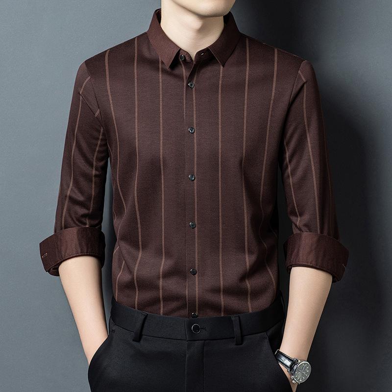 Men s Shirt Fashion Business Lapel Collar Long Sleeve Striped Casual M