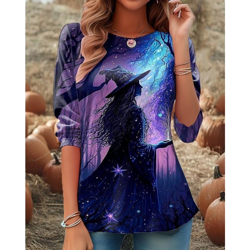 Witch Festival Outfit Women's Halloween Dark Style Printed Long Sleeve Shirt Polyester Comfortable Long Sleeve
