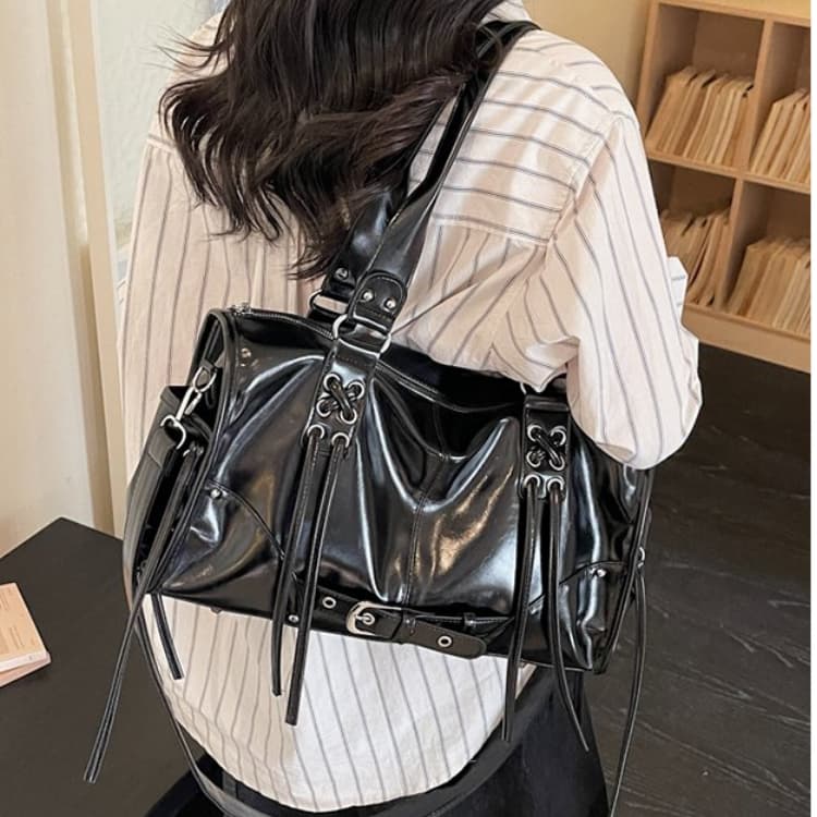 Bolsa tote feminina brilhante com cordão e franjas, bolsa de ombro