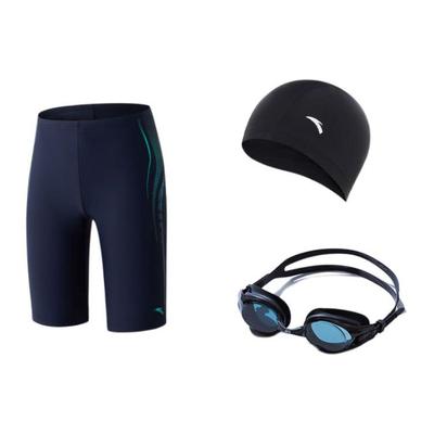 Color Block Mid Waist Straight Leg Swim Trunks Swim Cap Swim Goggles Three Piece Versatile Swimwear Set Men Swimwear Black 1824532404-1