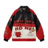 American Street Style Color Block Cartoon Embroidered PU Leather Jacket Loose Fit Couples