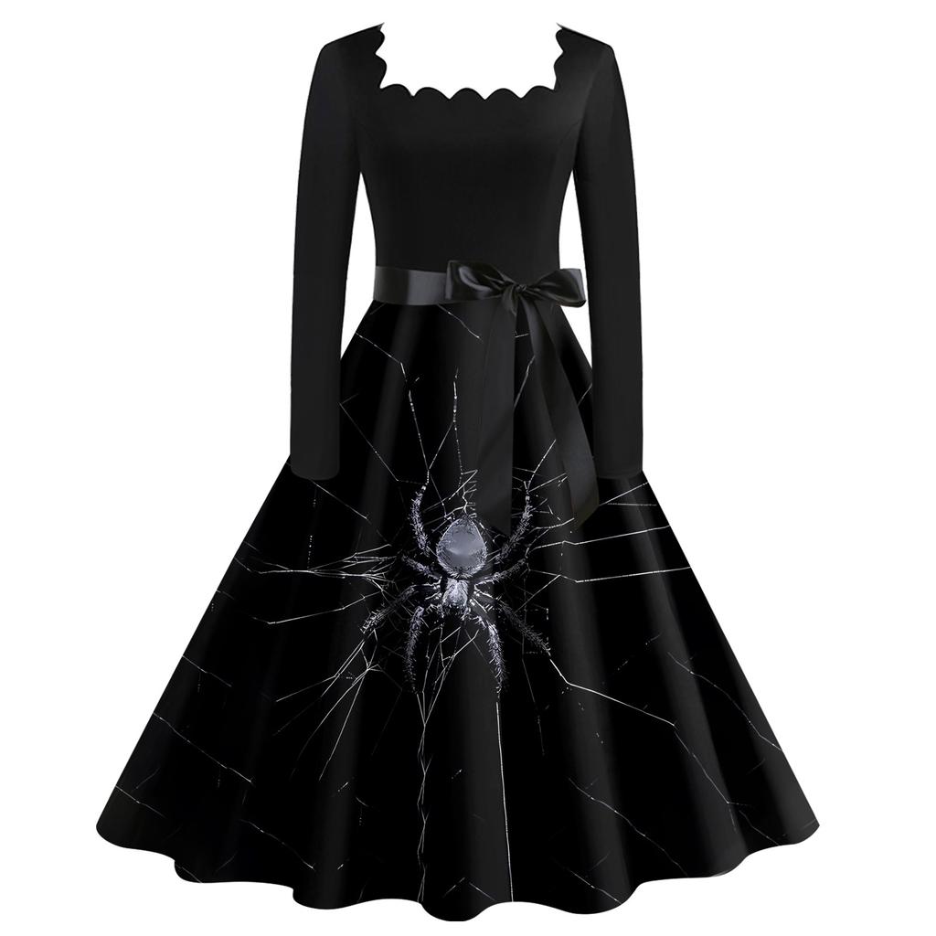 Halloween Damen Casual Fashion Square Neck Printed Vintage Kleid