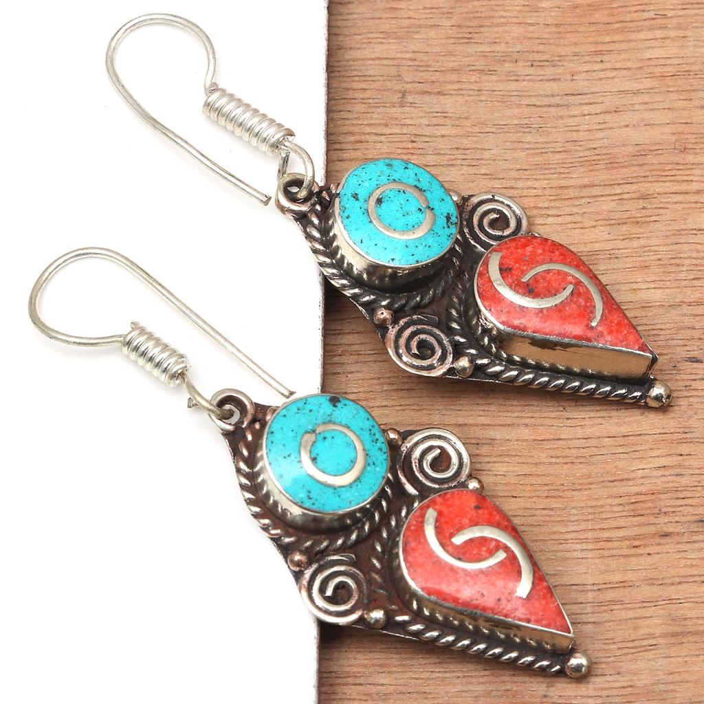Tibetan Turquoise Coral Red Earrings Nepali Tribal 12gms 1.5" 1.6" Chunky Gift