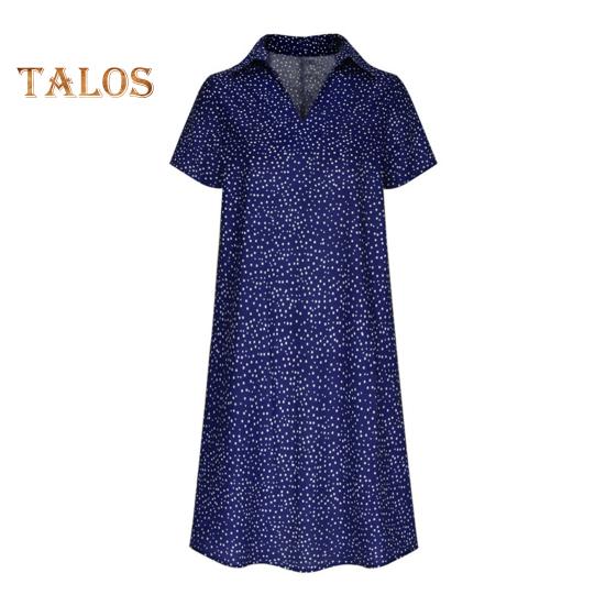 Summer Dress Dot Printing Short Sleeves Loose A-line Shirt Dress V Neck Knee Length Midi Dress for Dating Travel Vacation