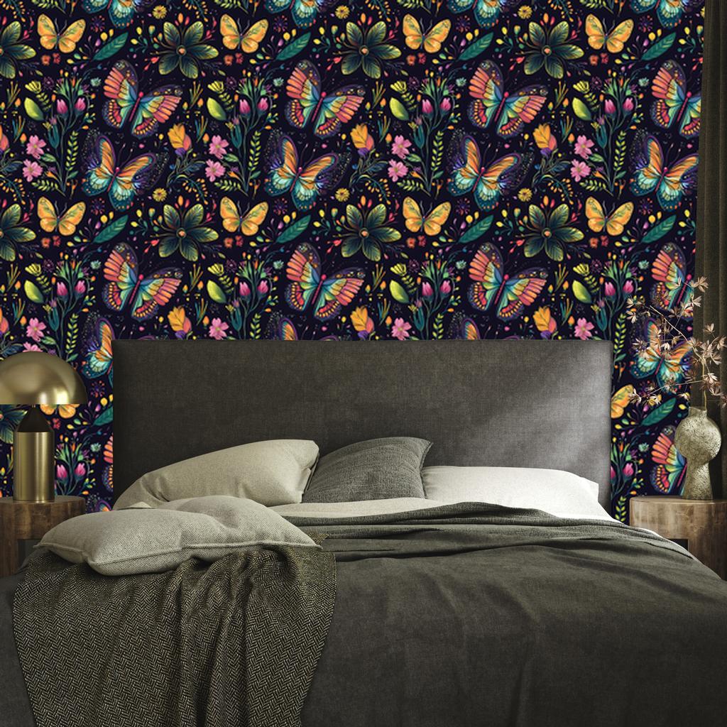 Wallpaper Colorful Butterflies Navy Blue and Indigo for Living Room and Bedroom 50x1000