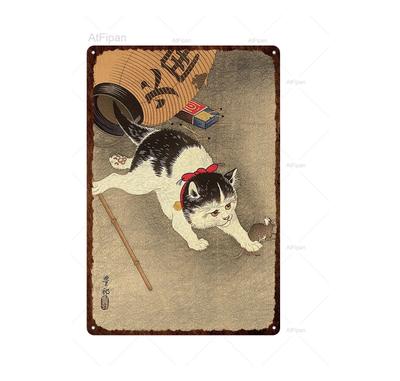 Vintage Japanese Samurai Cat Tin Sign Retro Metal Wall Art for Home Decor xCM Unique Animal Tattoo Design