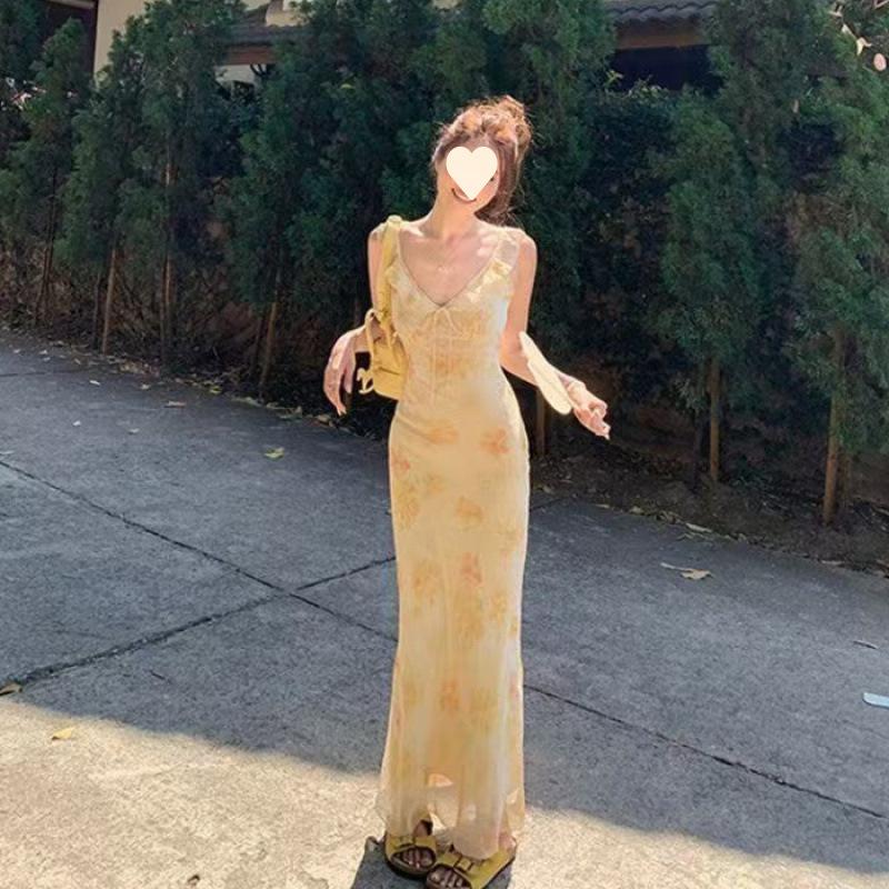 

V-neck sleeveless floral dress women s spring and summer new high-end waist and thin temperament printed long dress S