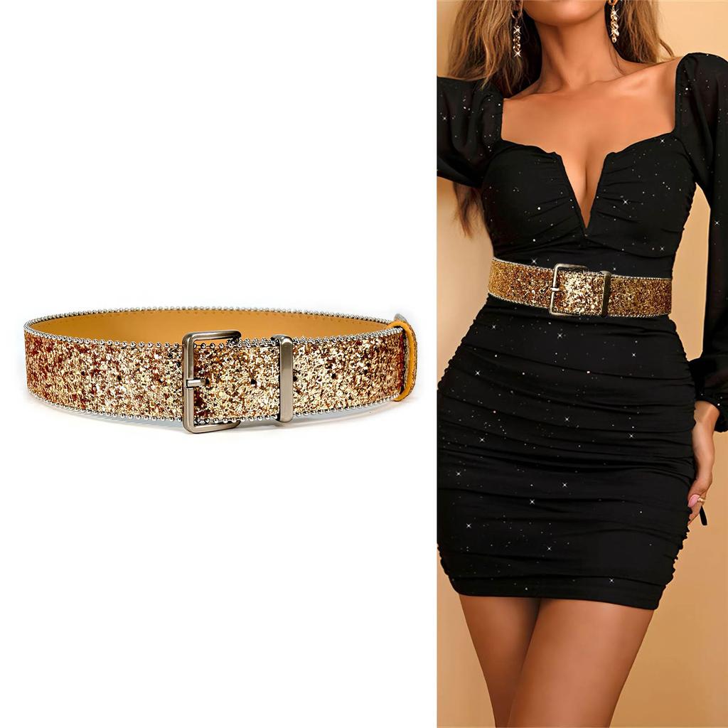 Shimmering Sequins Pin Buckle Belt for Adult Teens Blingbling Powder Waist Belt Fashion Waiststrap for Dresses Sweaters