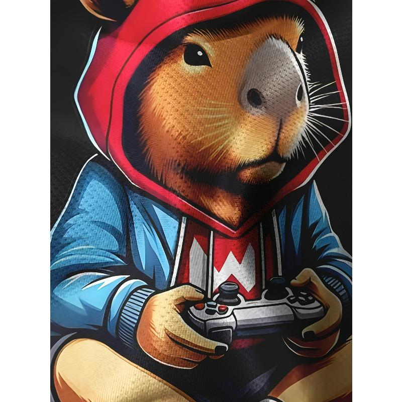 European sizes Men'S Cute 3D Capybara Gaming Graphic Print T-Shirt, Fun Animal Short-Sleeve Top