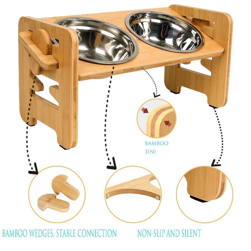 Elevated Bamboo Pet Double Bowl Stainless Steel Dog Cat Food Water Feeder Neck Protection Adjustable Bowls for Small Medium Pets