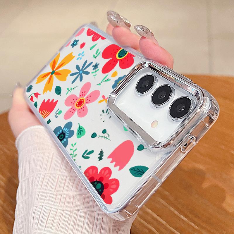 Plating Lens Petal Leaves Flower Case For Samsung Galaxy S24 S23 S22 Ultra S21 S20 FE A34 A52 A53 A14 A15 A25 A35 A55 A54 5G