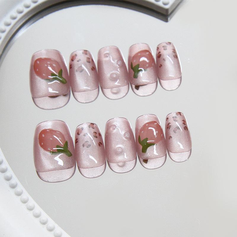 Handmade Prefabricated Nail, Wearing Nail, Cute Strawberry Removable, Light-chasing Cat's Eye Nail, Short T Nail Patch, Sub-code
