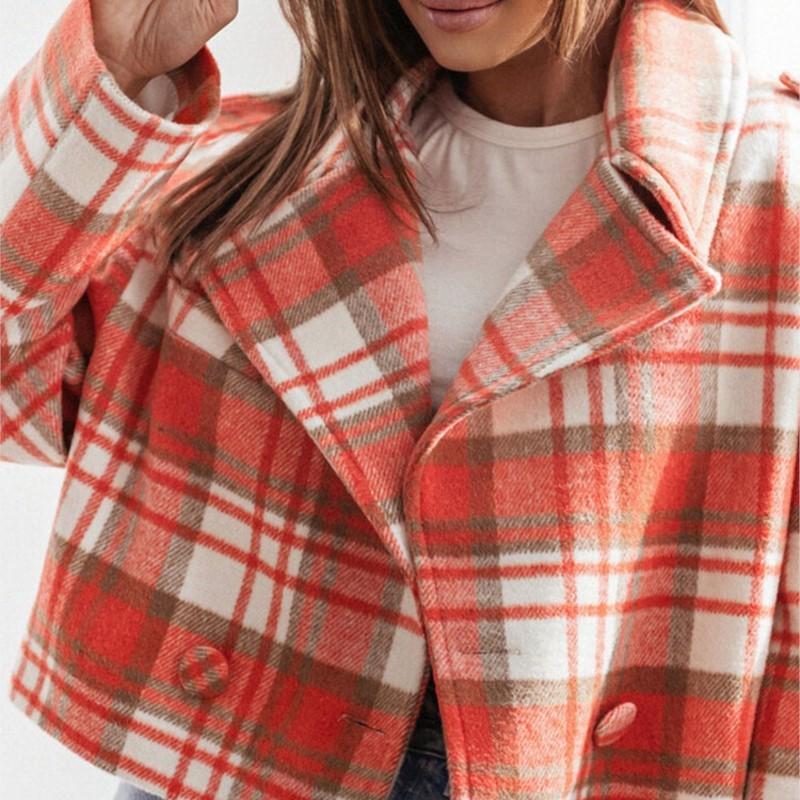 Dámská bunda, kabát, nový podzimní a zimní módní britský oblekový límec s kostkovaným potiskem, vlněné malé kabáty s dlouhým rukávem, dámské oblečení