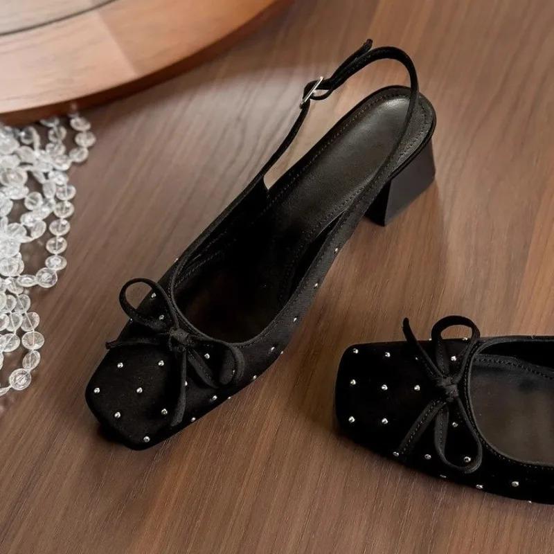 2025 New Bow Black Single Shoes Back Trip Strap Baotou Sandals Women's Summer Block Heel High Heels