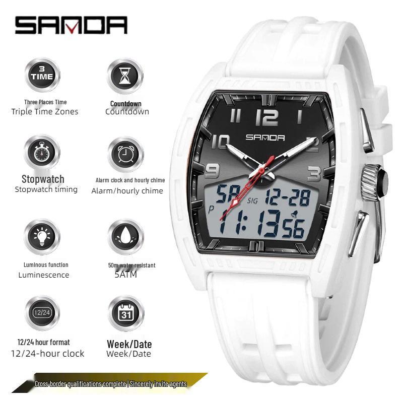 SANDA Men's Waterproof Luminous Sports Watch - Countdown & Multifunctional Barrel-Shaped Electronic Watch with Large Dial