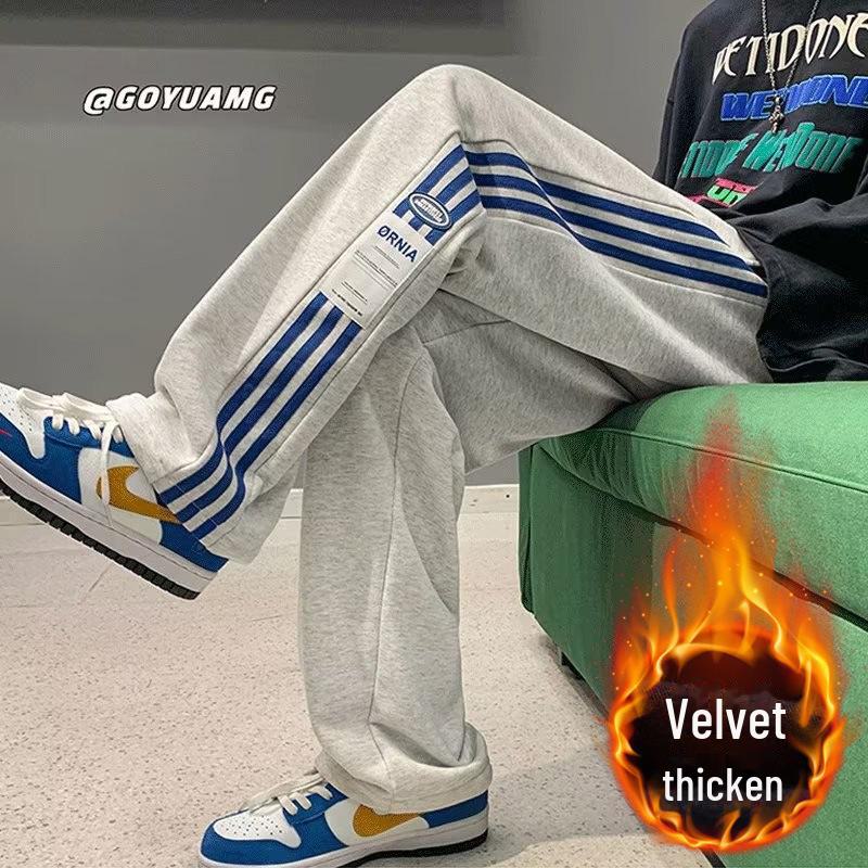 

Мужские спортивные штаны American High Street Striped - модные осенне-зимние, с добавлением бархата, повседневные, свободного кроя, универсальные прямые брюки L 95-110 jin