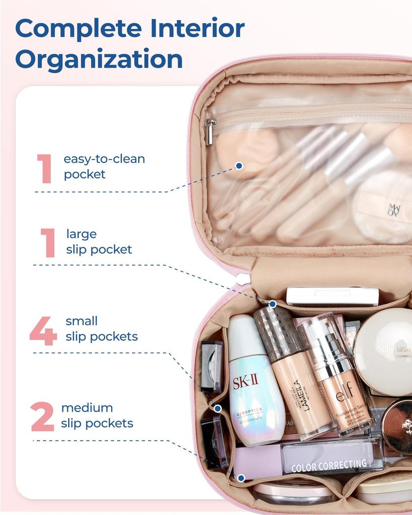BAGSMART Makeup Large Small Cosmetic Travel Makeup Cosmetic Storage Bathroom Easy Perfect for Business Pink Pouch, Capacity, Organizer, Pouch, Pouch,