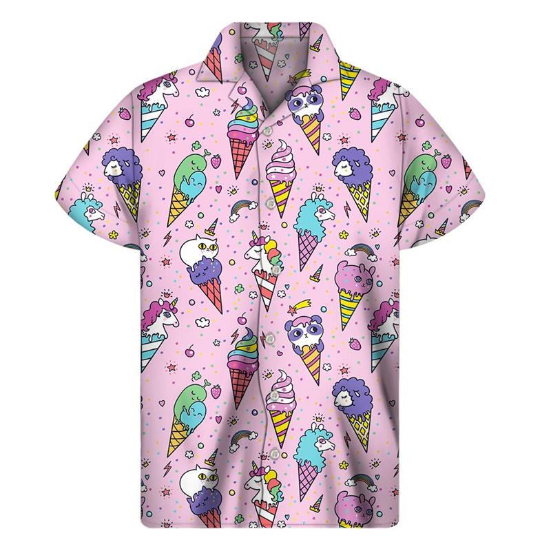 Cartoon Ice Cream Hawaiian Shirt Men Summer Street Lapel Shirts Women Short Sleeve Tops Tees S